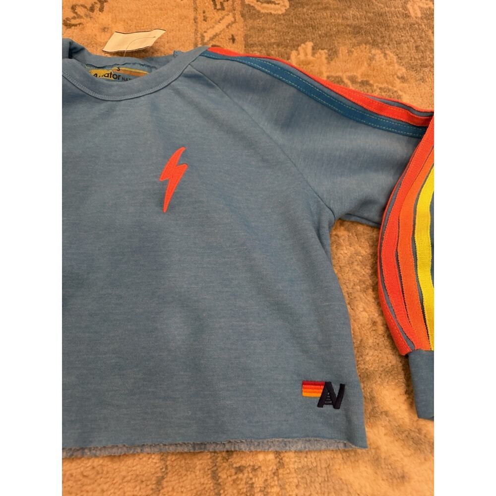 Aviator Nation Blue Crewneck Rainbow Stripe Cropped Sweatshirt Sz S NWT $220 - Picture 10 of 16